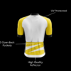 Detailed specifications of the back image of Cycling Race Fit Jersey by Aidon Global, highlighting fabric, fit, and performance-enhancing features