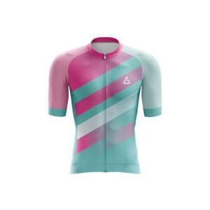 Front view of the Aidan Global Pastel Stride Cycling Jersey with pastel pink, mint, and white diagonal stripe design